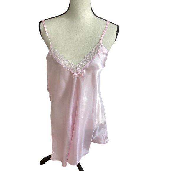 Pink Satin & Lace Chemise Nightgown*Med**Sissy*Femboy*Adj Straps*Bow Accent*NWT - Picture 1 of 9